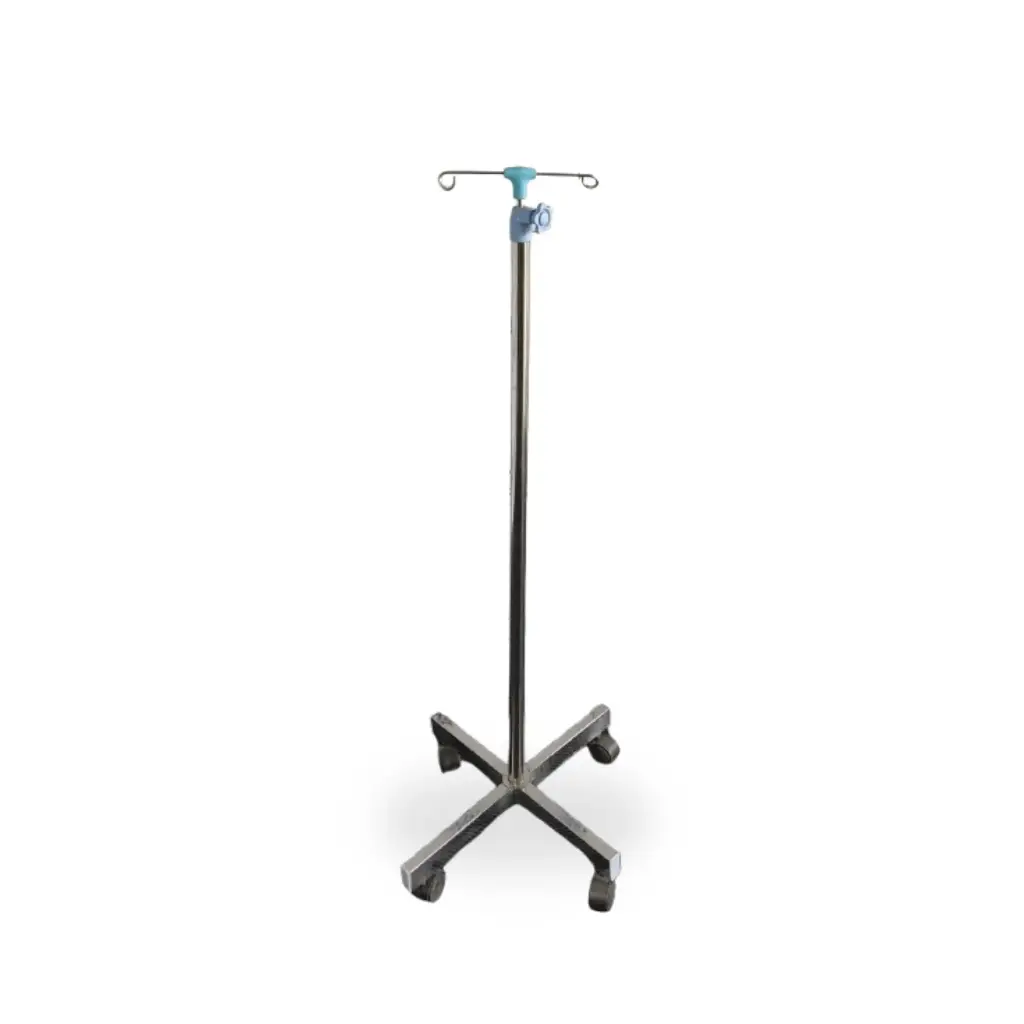 Uniequip IV Stand | Adjustable Height | Sturdy Mild Steel (MS) / Stainless Steel (SS) | 4-Leg Base with Smooth Wheels for Hospitals & Clinics